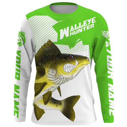 Angry Walleye Custom Long sleeve performance Fishing Shirts, Walleye hunter Fishing jerseys | green IPHW3362