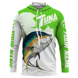 Angry Yellowfin Tuna Custom Long sleeve Fishing Shirts, Tuna hunter Fishing jerseys | green IPHW3384