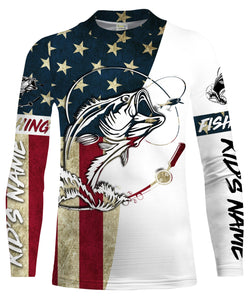 Personalized Bass Fishing American Flag Long Sleeve Fishing Shirts, Patriotic Fishing gifts - IPHW1076