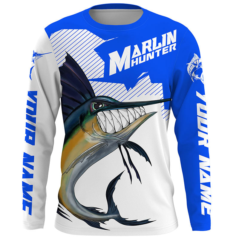 Marlin hunter Fishing jerseys, Custom Angry Marlin Long sleeve performance Fishing Shirts |blue IPHW3407