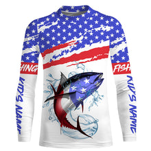 Load image into Gallery viewer, Personalized Tuna American Flag Uv Protection Fishing Shirts, Tuna Saltwater Fishing Shirt IPHW3755