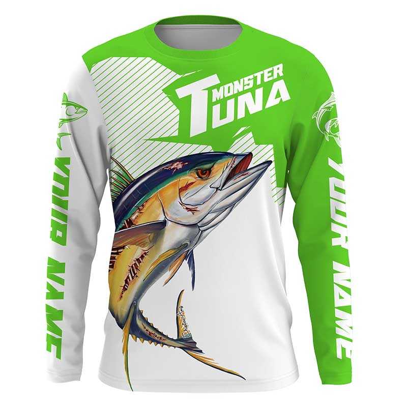 Monster Tuna Fishing jerseys, Yellowfin Tuna fish skull Custom Long sleeve Fishing Shirts | green IPHW3533