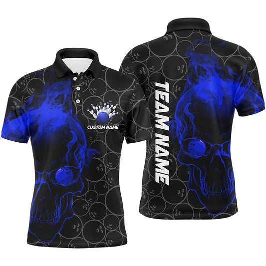 Personalized Blue Skull Men Bowling Polo Shirts Team Bowling Jerseys Bowling League Outfits IPHW5417