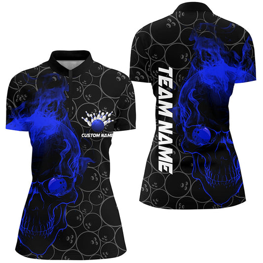 Custom Blue Skull Women Bowling Quarter Zip Shirts Team Bowling Jerseys Bowling League IPHW5417