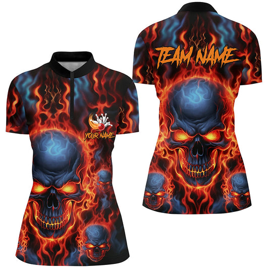 Flame Skull Custom Bowling Quarter Zip Shirts For Women, Team Bowling Jerseys Bowler Outfit IPHW5245