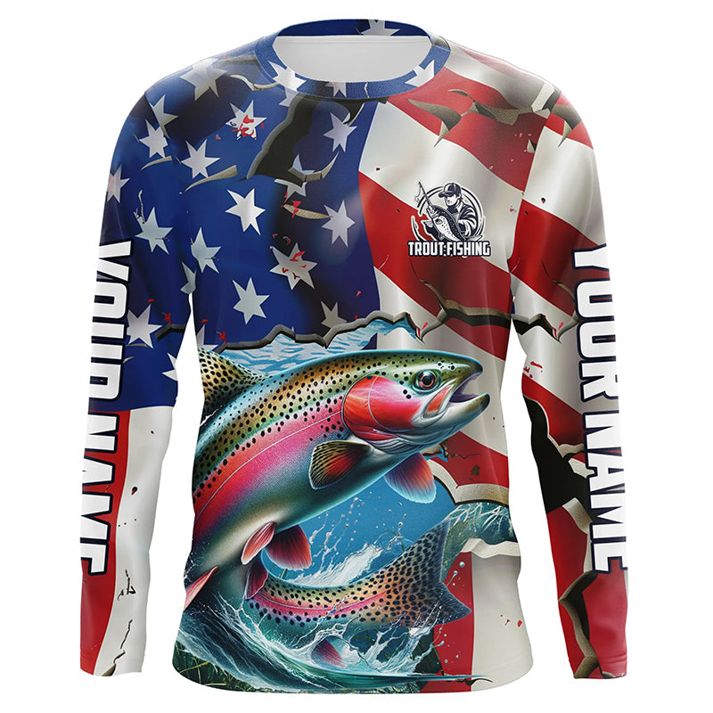 Custom American Flag Rainbow Trout Long Sleeve Fishing Shirts, Patriotic Trout Fisherman Jerseys IPHW6101