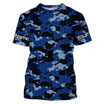 Custom Blue Fishing camo Long Sleeve performance Fishing Shirts, UV Protection Fishing apparel - IPHW1474