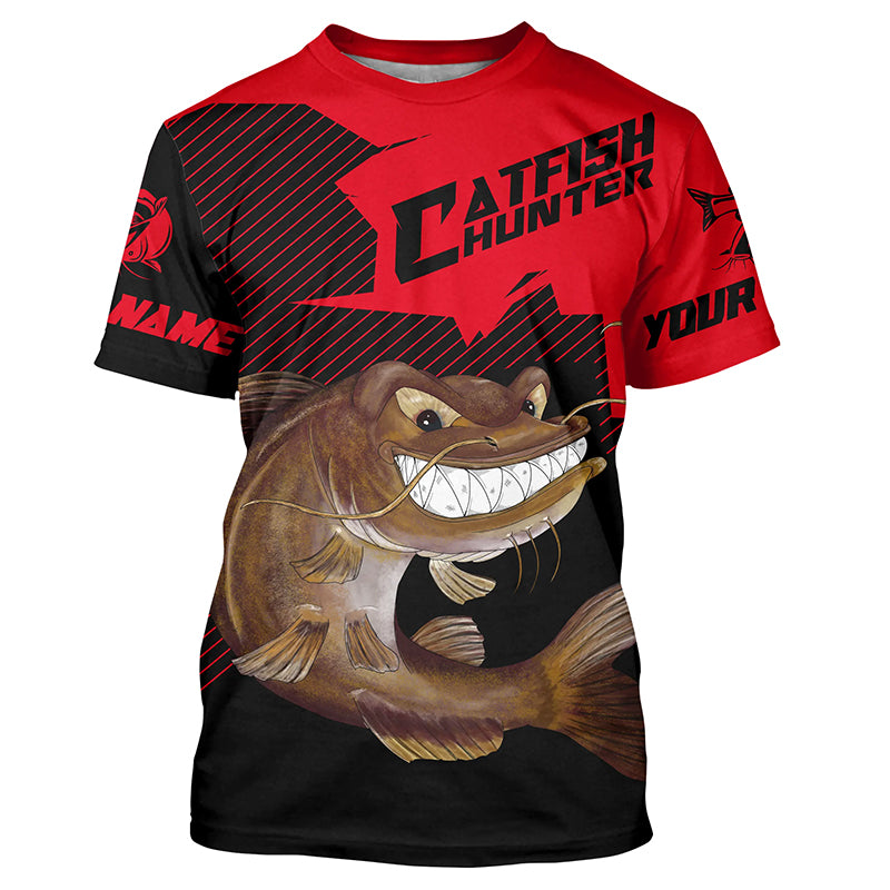 Angry Catfish Custom Long Sleeve Fishing Shirts, Catfish Hunter Fishing Jerseys | Black And Red IPHW4287