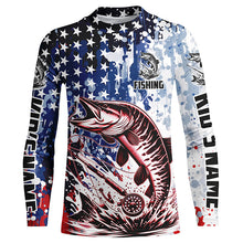 Load image into Gallery viewer, Personalized American Flag Musky Long Sleeve Fly Fishing Shirts, Patriotic Muskie Fishing Jerseys IPHW5593