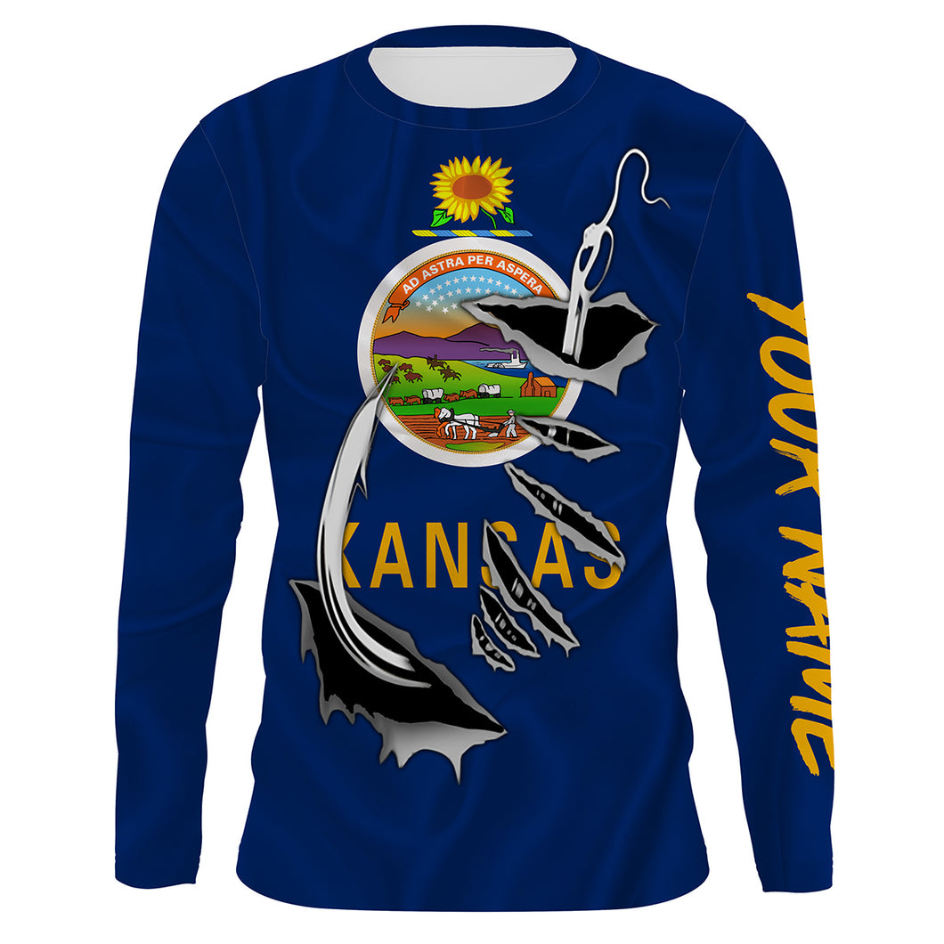 Kansas Flag 3D Fish Hook UV Protection Custom Long Sleeve performance Fishing Shirts IPHW490