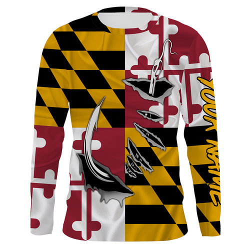 Maryland Flag 3D Fish Hook UV Protection Custom Long Sleeve performance Fishing Shirts IPHW493