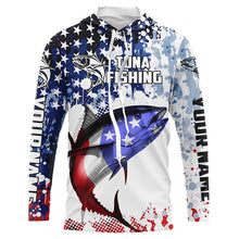 Load image into Gallery viewer, American Flag Tuna Custom Long Sleeve Tournament Fishing Shirts, Patriotic Fishing Jerseys IPHW5646