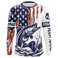 Load image into Gallery viewer, Flame American Flag Custom Walleye Long Sleeve Fishing Shirts, Patriotic Walleye Fishing Jerseys IPHW5943