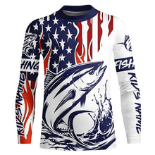 Load image into Gallery viewer, Flame American Flag Custom Tuna Long Sleeve Fishing Shirts, Patriotic Tuna Saltwater Fishing Jerseys IPHW5944