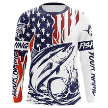 Load image into Gallery viewer, Flame American Flag Custom Tuna Long Sleeve Fishing Shirts, Patriotic Tuna Saltwater Fishing Jerseys IPHW5944