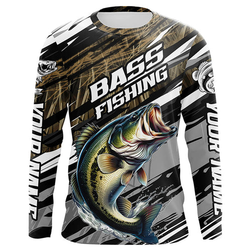 Bass Fishing Camo Long Sleeve Fishing Shirts, Custom Largemouth Bass Tournament Fishing Jerseys IPHW5948