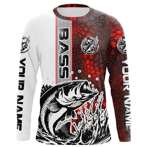 Pesonalized Largemouth Bass Fishing Jerseys, Bass Long Sleeve Tournament Fishing Shirts | Red Camo IPHW5830