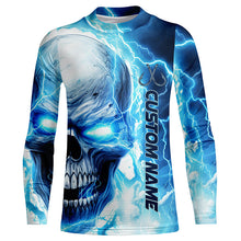 Load image into Gallery viewer, Blue Thunder Lightning Skull Custom Long Sleeve Fishing Shirts, Fish Hook Skull Fishing Jerseys IPHW5189