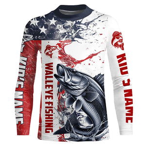 Personalized American Flag Walleye Fishing Shirts, Walleye Long Sleeve Tournament Fishing Jerseys IPHW6005