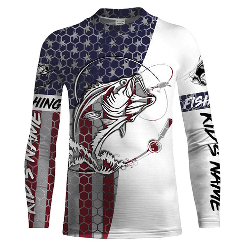 Bass Fishing American Flag Custom Long Sleeve performance Fishing shirts, persoanlized Patriotic Bass Fishing jerseys - IPHW1382