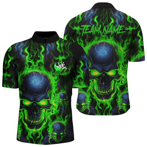 Custom Bowling Quarter Zip Shirts Men Green Flame Skull Team Bowling Jerseys Halloween Outfits IPHW5379