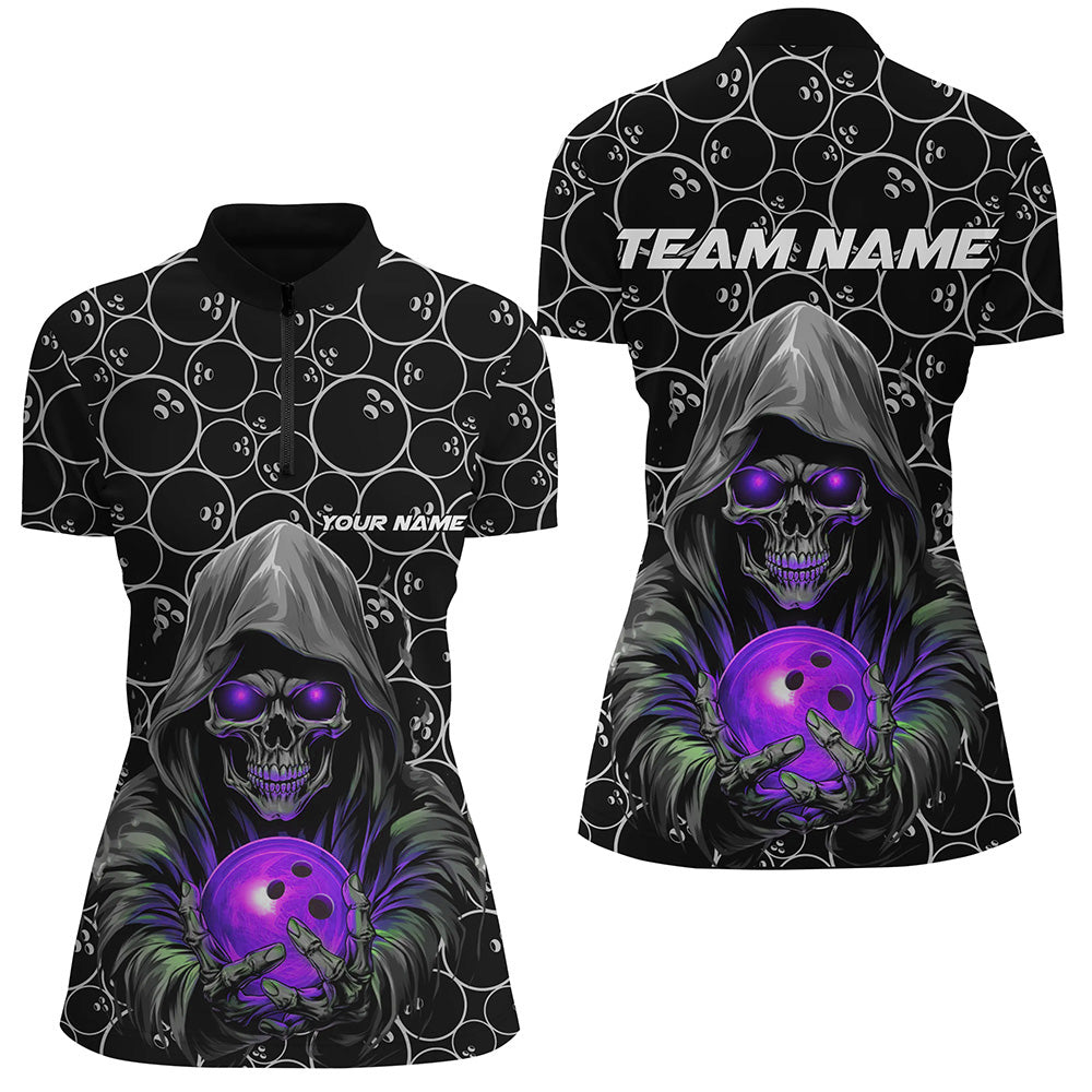 Custom Bowlers Outfits Skull Purple Bowling Quarter Zip Shirts Women Bowling League Jerseys IPHW5390