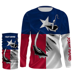 TX Fishing 3D Fish Hook Texas Flag UV protection custom long sleeves shirts personalized fishing apparel gifts IPH1891