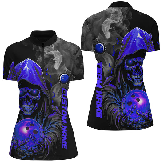 Custom Blue Skull Women'S Bowling Team Jersey Smoke Bowling Quarter Zip Shirts For Bowlers IPHW5406