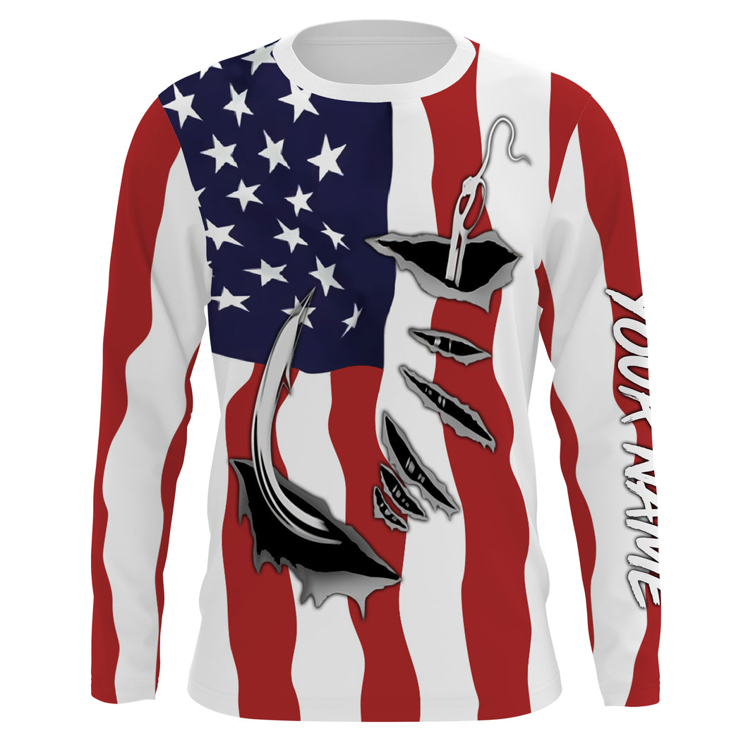 American Flag Patriotic Fish hook Custom Long sleeve Shirts, 4th of July Fishing tournament Shirts  - IPH1900