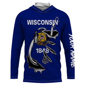 WI Wisconsin Flag Fishing 3D Fish Hook UV protection quick dry customize name long sleeves shirts personalized Patriotic fishing apparel gift for Fishing lovers IPH1912