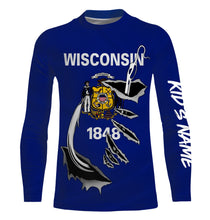 Load image into Gallery viewer, WI Wisconsin Flag Fishing 3D Fish Hook UV protection quick dry customize name long sleeves shirts personalized Patriotic fishing apparel gift for Fishing lovers IPH1912