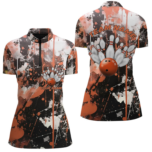 Orange Camo Bowling Team Shirts Women Quarter Zip Custom Bowling League Jerseys IPHW5412