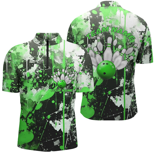 Green Camo Bowling Team Shirts Men Quarter Zip Personalized Bowling League Jerseys Strike Bowling IPHW5414