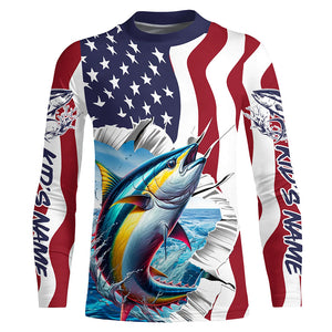 Personalized American Flag Tuna Long Sleeve Fishing Shirts, Patriotic Tuna Fishing Jerseys IPHW6116