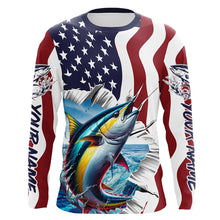 Load image into Gallery viewer, Personalized American Flag Tuna Long Sleeve Fishing Shirts, Patriotic Tuna Fishing Jerseys IPHW6116