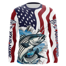 Load image into Gallery viewer, Custom American Flag Striped Bass Long Sleeve Fishing Shirts, Patriotic Striper Fishing Jerseys IPHW6117