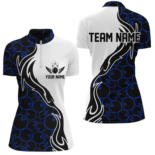 Blue Bowling Pattern Custom Women Bowling Quarter Zip Shirts Flame Bowling Team Jerseys IPHW5307