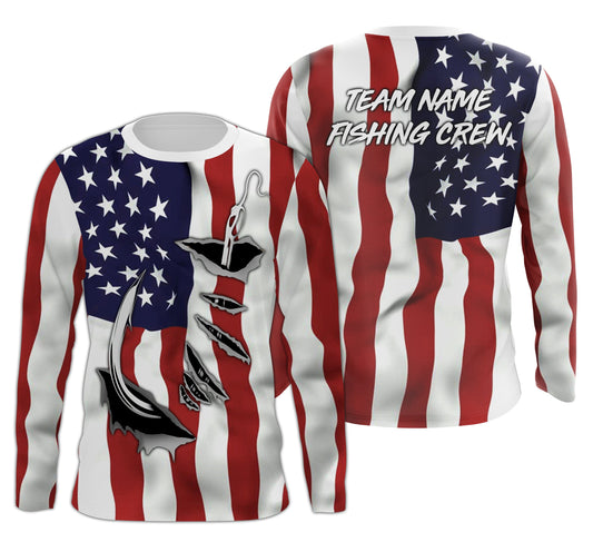 US Fishing Crew 3D Fish Hook American Flag Sun / UV protection quick dry customize name long sleeves shirts personalized Patriotic fishing apparel gift for Fishing team IPH1990