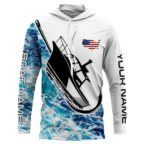 Custom Deep Sea Fishing Shirts With Boat Name, American Flag Saltwater Fishing Shirts IPHW4361