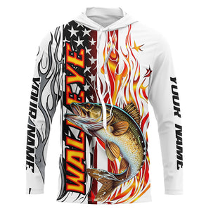 Flame American Flag Custom Walleye Long Sleeve Fishing Shirts, Patriotic Walleye Fishing Jerseys IPHW5941