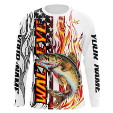 Load image into Gallery viewer, Flame American Flag Custom Walleye Long Sleeve Fishing Shirts, Patriotic Walleye Fishing Jerseys IPHW5941