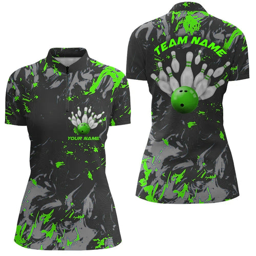 Black And Green Camo Bowling Team Shirts Custom Women Quarter Zip Bowling League Shirts IPHW5362