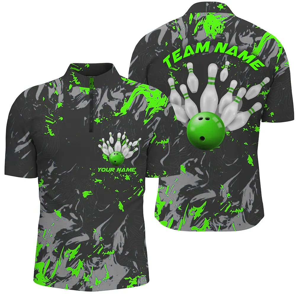 Black And Green Camo Bowling Team Shirts Custom Men Quarter Zip Shirts Bowling League Shirts IPHW5362