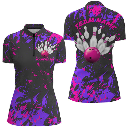 Purple And Pink Camo Bowling Team Shirts Custom Women Quarter Zip Bowling League Shirts IPHW5365