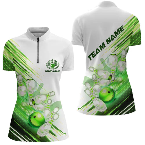 Green Custom Bowling Shirts Women Bowling Quarter Zip Shirts Custom Team Bowling Jerseys IPHW5371