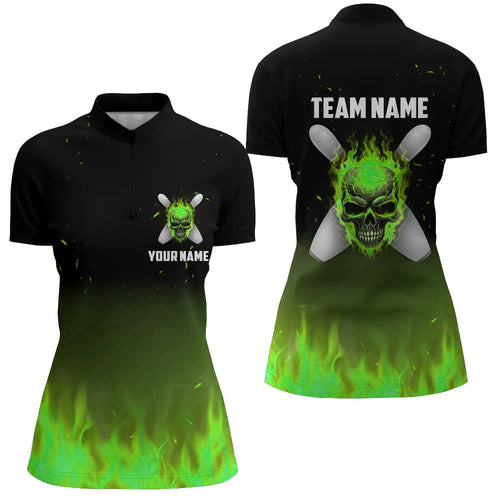 Green Flame Skull Ladies Bowling Quarter Zip Shirts Custom Women Team Bowling Jerseys IPHW5373