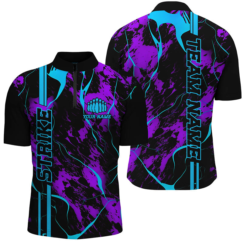 Custom Blue Purple Strike Bowling Shirts Men Quarter Zip Camo Bowling Team Jerseys Bowling League IPHW5386