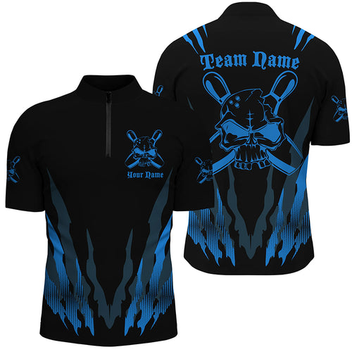 Custom Bowling Shirts For Men And Women, Skull Bowling Team Shirts Bowling Pin | Blue IPHW4483