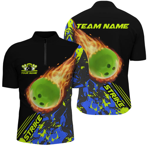 Personalized Men Bowling Quarter Zip Shirts Green Flame Bowling Ball Strike Bowling Team Jerseys IPHW5421
