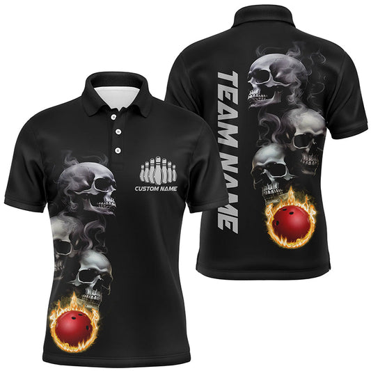 Skull Tattoo Flame Bowling Ball Men'S Polo Bowling Shirts, Personalized Bowling Team Outfit IPHW5251